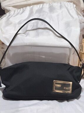 AUTHENTIC Preloved FENDI Black Cloth Shoulder Bag with Gold Tone FF Logo